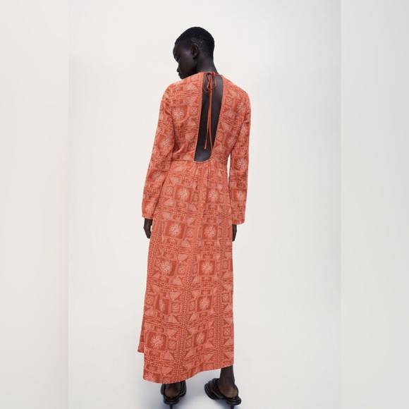 Zara Long Tangerine Orange Embroidered Print Maxi Dress - Picture 6 of 11